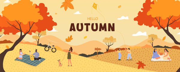 Autumn celebration with families enjoying nature during fall season. Vector illustration