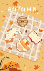 Autumn cozy picnic scene with treats and a cat. Vector illustration