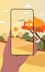 Happy autumn smartphone scene capturing seasonal beauty. Vector illustration