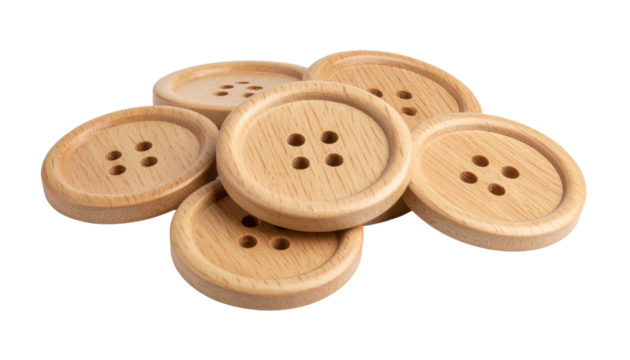 A group of six round wooden buttons with four holes each, arranged in a scattered pile.