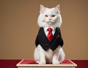 Business Cat: A majestic white longhair cat, elegantly dressed in a black suit and red tie, sits poised and dignified on a small red platform. Ai generated image