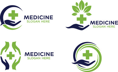 Four medicine logos with crosses and hands in blue and green colors