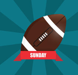 Super Bowl. Sunday Football Vector Banner- American Football Illustration. Vector illustration of an American football with a red ribbon labeled Sunday on a radial blue background.
