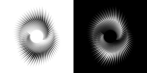 Dynamic abstract spiral sound wave rhythm lines. Circular spiral sound wave rhythm of lines. Circular futuristic abstract lines, black and white background.
