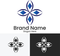 Abstract blue and white floral logo with diamond shapes and text placeholders