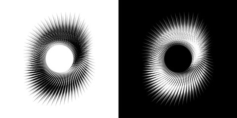 Dynamic abstract spiral sound wave rhythm lines. Circular spiral sound wave rhythm of lines. Circular futuristic abstract lines, black and white background.