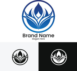 Elegant abstract blue lotus flower logo design with brand name placeholder