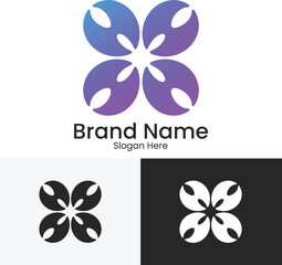 Modern abstract four-petal flower logo design with gradient and monochrome versions