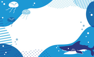 鮫とクラゲの海イラストフレーム素材