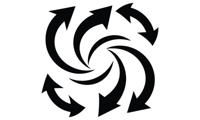 Abstract black arrows forming a circular spiral pattern on a white background representing movement direction and cyclical processes