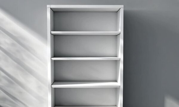 White bookcase against a gray wall with sunlight shadows