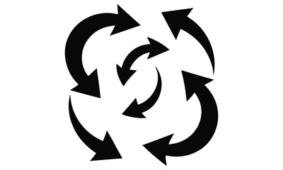 A circular arrangement of seven black arrows pointing inwards towards the center creating a dynamic and cyclical flow on a white background