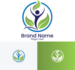 Abstract human figure with leaves inside a blue circle logo for health and wellness