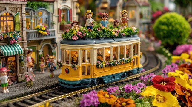 Fantasy kids town with flower-decorated window sills, waving children, and animated trolley cars on a golden track