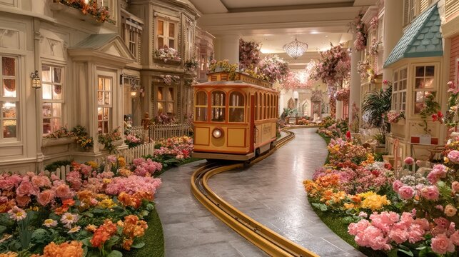 Fantasy kids town with flower-decorated window sills, waving children, and animated trolley cars on a golden track