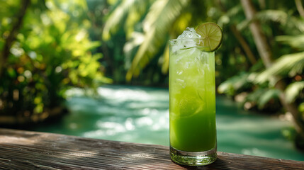 Green lime cocktail summer drink with tropical background and copy space for text representing vacation refreshment and relax mode lifestyle