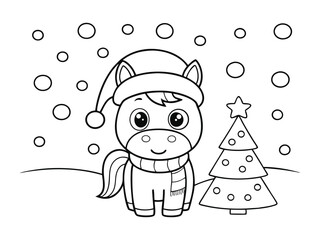 A Christmas winter animal horse coloring page. Unicorn coloring page magical horse in a snowy forest. Vector illustration of a cartoon horse isolated on a white background