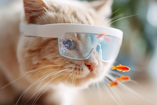 Cat wearing AR glasses attempts to catch virtual fish indoors during bright afternoon