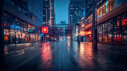 Obraz premium City Street at Night Reflection. Urban nighttime street scene with reflections, suitable for tourism, travel, city life, and nightlife promotions.