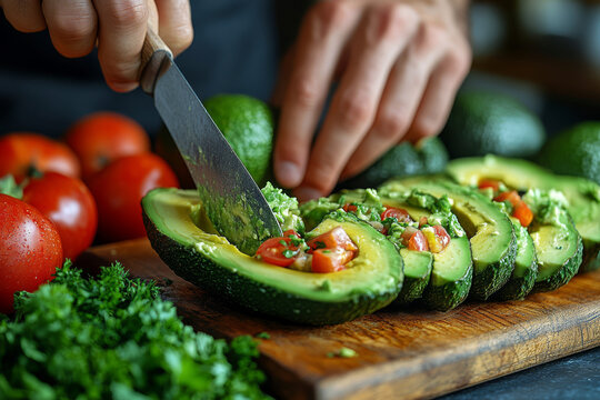 In a bright kitchen, a man carefully slices a ripe avocado on a wooden cutting board, with vibrant vegetables like tomatoes and herbs arranged nearby, enhancing the culinary atmosphere