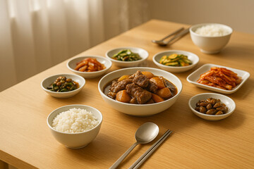 Korean Table Setting with Braised Beef and Assorted Side Dishes – A neatly arranged Korean dining table showcasing braised beef with radish and colorful banchan dishes in warm sunlight.