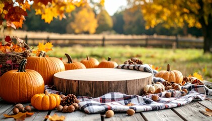 Autumn bounty display wooden table pumpkins leaves