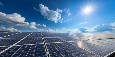 Vast solar panel array under a bright sun and blue sky with fluffy white clouds