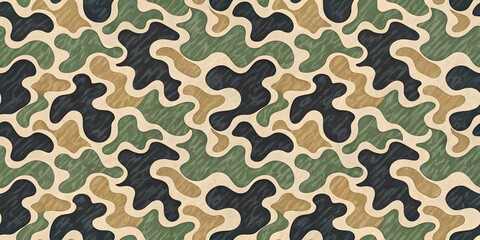 Abstract camouflage pattern with organic shapes in green brown and black colors on a light background