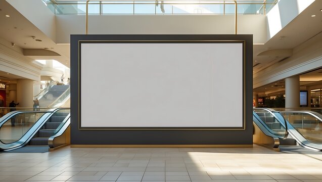 Large blank advertising billboard stands prominently in a modern shopping mall, flanked by escalators.