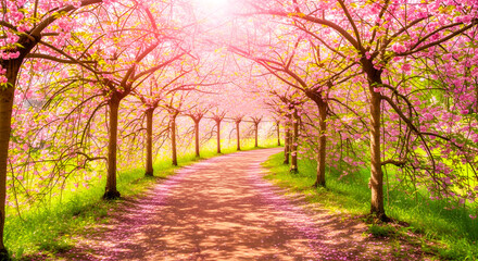 Naklejka premium Tranquil pathway beneath flowering cherry trees creating a stunning spring blossom canopy over a sunlit rural road.