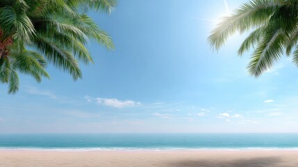 Tropical beach with clear water and palm trees swaying under bright sky, open horizon for copy space
