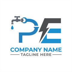 Modern Plumbing and Electrical Services Logo Design with Letter PE, Symbolizing Water and Power Solutions in a Unique Way