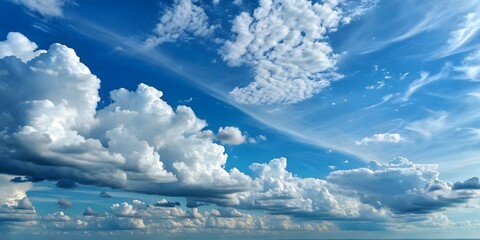 Dramatic cumulus and cirrus clouds fill a vibrant blue sky with sunlight