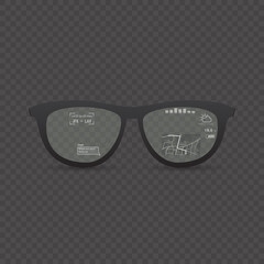 Augmented reality stylish optical glasses. Eyeglasses with user interface in lens, map with gps pin and message. Modern AR goggles with futuristic UI digital screen. Vector on opacity background.