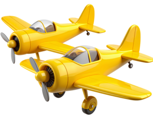 3D Plastic Style Yellow Planes with Bold Rounded Features and Simplified Details, Transparent Background