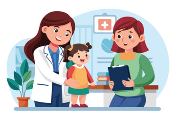 Little girl smiles with her mother at a pediatric reception during a routine check-up