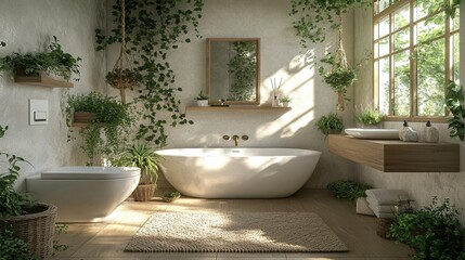 Fototapeta premium Serene Bathroom Design: Plants & Freestanding Tub