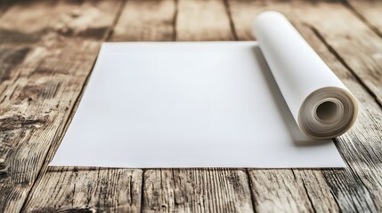 56. A white paper banner rolled out on a wood table