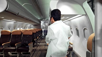 Friendly flight attendant welcomes passengers aboard modern aircraft, promoting onboard WiFi and inflight entertainment, representing comfort, connectivity, and premium airline service experience.