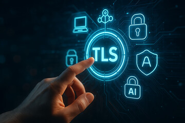 Realistic close-up of human hand pointing at futuristic TLS/SSL digital security interface with glowing hexagonal icons and neon blue high-tech background
