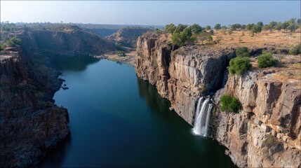 Aerial view of waterfall flowing down layered rock formations into a deep pool in nature