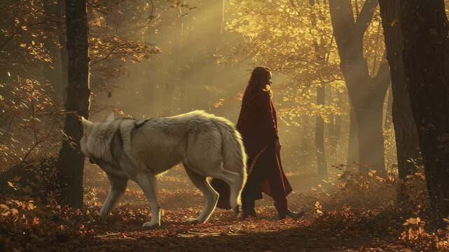 Woman with a dire wolf walking through a mystical forest in autumn light, Woman and dire wolf walking into the woods