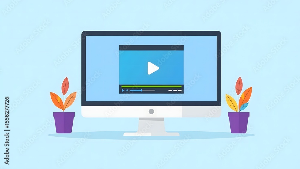 Fototapete Modern computer displaying a video player interface with a play button and progress bar flanked by potted plants