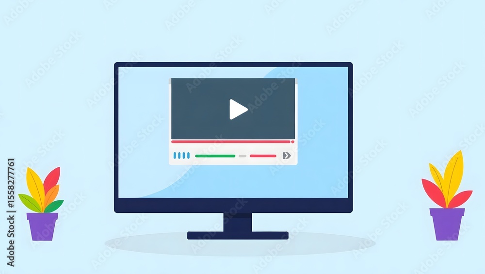 Poster modern computer monitor displaying a video player interface with colorful potted plants on a light b
