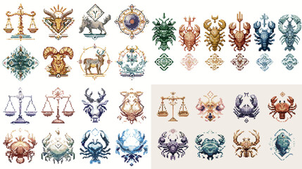 Elegant watercolor illustrations of zodiac signs including Libra, Aries, Cancer, and Capricorn—ideal for astrology designs, mystical content, or horoscope projects.

