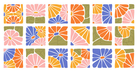 A collection of colorful abstract floral patterns in square frames. Hand-drawn botanical elements in modern boho style. Perfect for textile design, paper crafts, digital projects, and decoration.