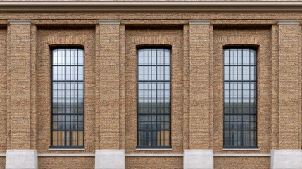 Fototapeta premium Brick building wall with large industrial-style windows, creating texture and urban space