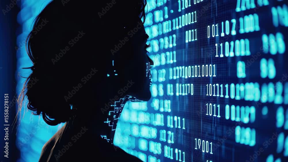 Poster silhouette of a person against a backdrop of digital code representing technology and identity, silh