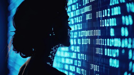 Silhouette of a person against a backdrop of digital code representing technology and identity, Silhouette of a person with digital code, representing human interaction with large databases - Powered by Adobe