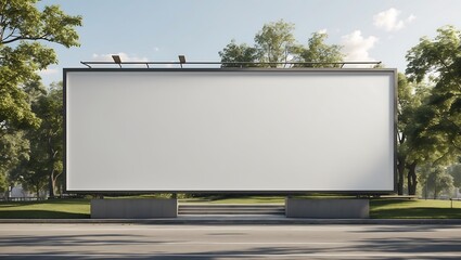 Obraz premium A large, blank billboard stands prominently outdoors, surrounded by trees and sunlight.